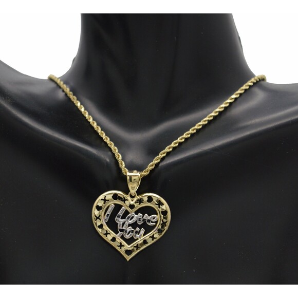 Real 10K Yellow Solid Gold XO I Love You Heart Charm Pendant+Rope Chain 16"-24" - Picture 1 of 8